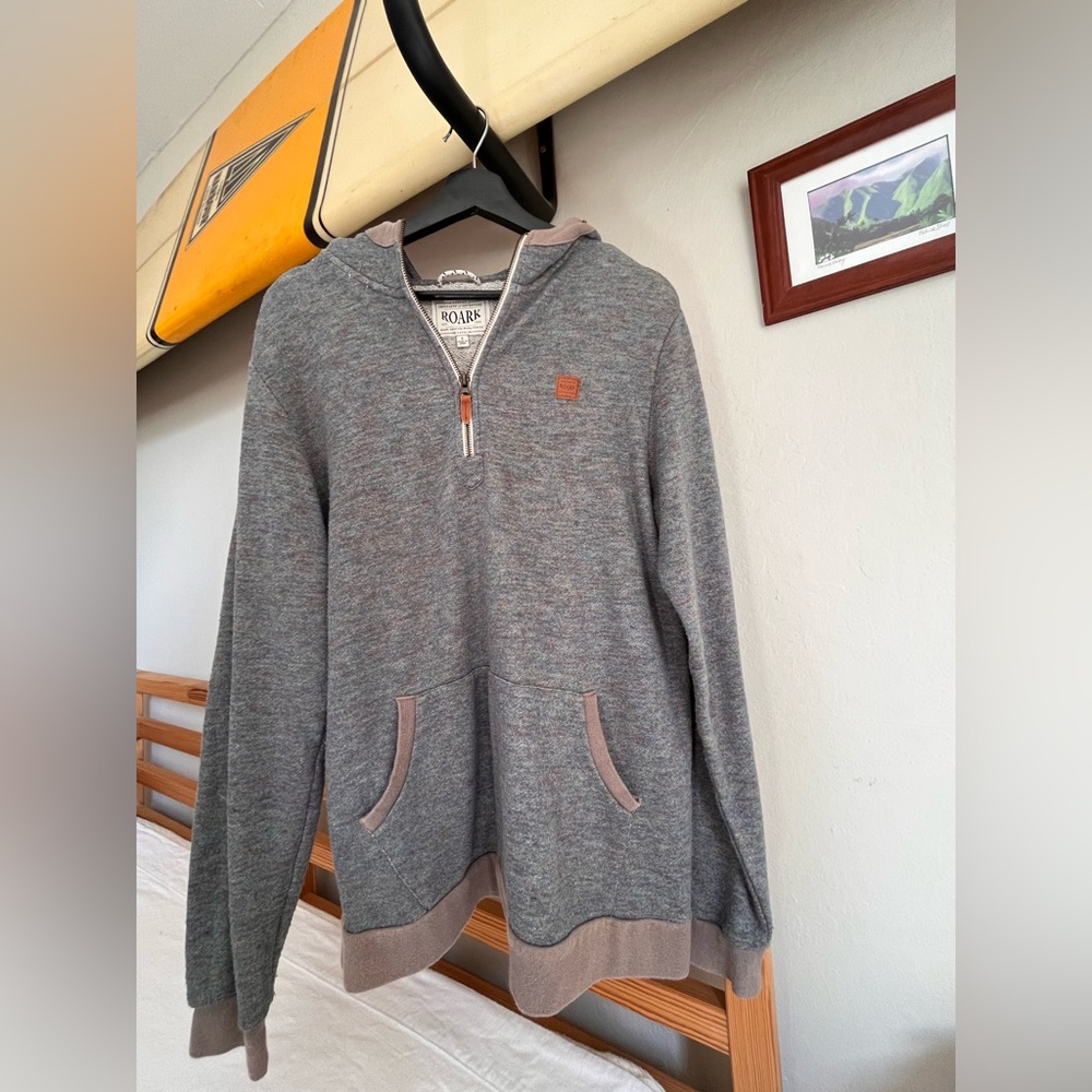 Small, Roark sweatshirt. Grey with specks on multi colors. 1/4 zip with a hoodie